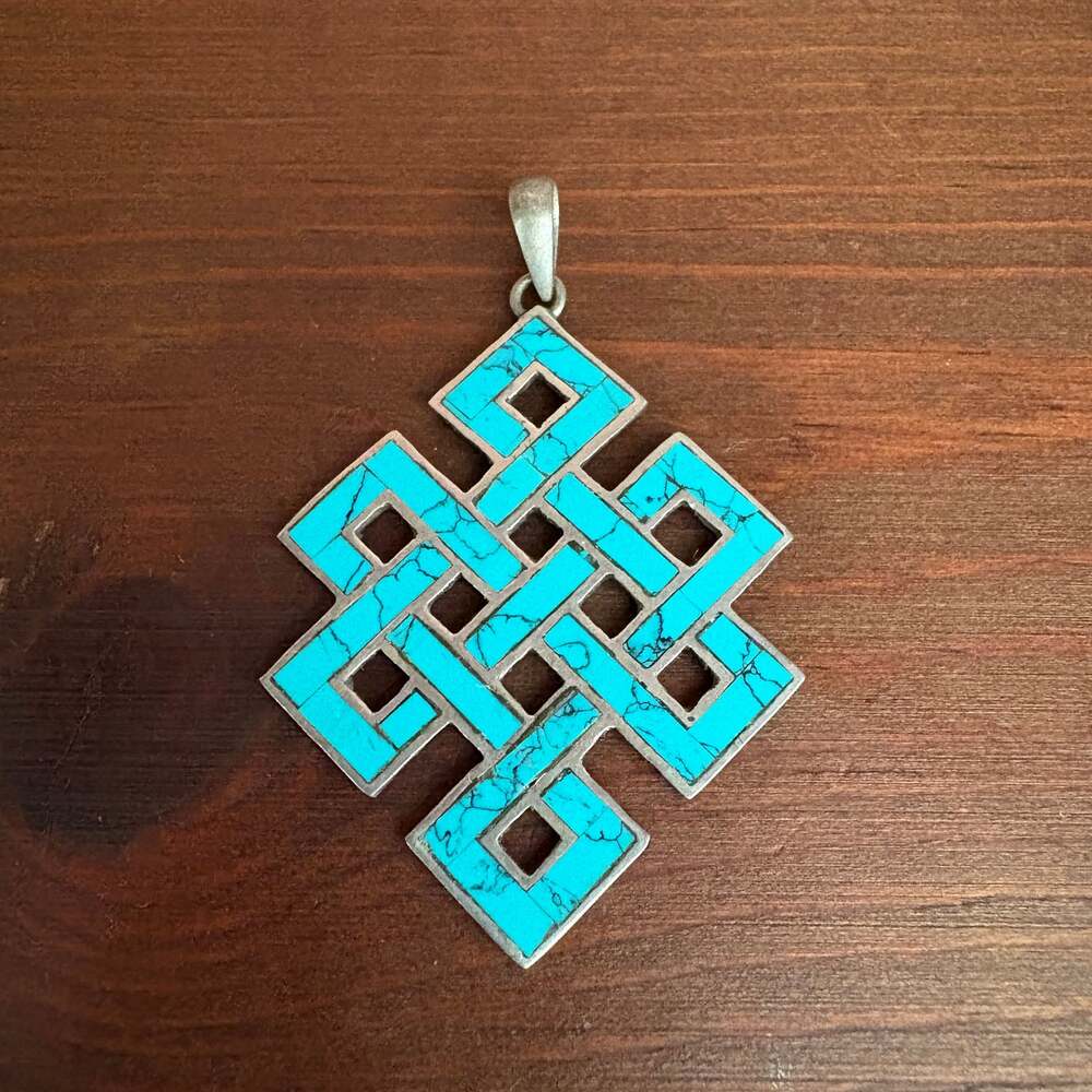 Silver Endless Knot Pendant with Turquoise Inlay - ,